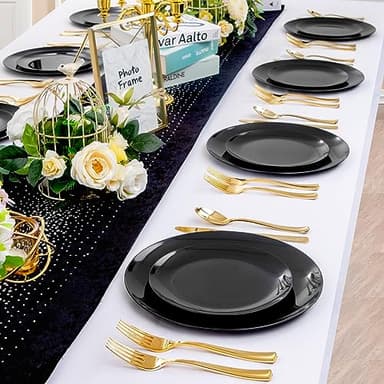 PULOTE 100PCS Black Plastic Plates Disposable - Premium Heavy Duty 50 Black Dinner, 50 Dessert/Salad Plates - Ideal for Party, Halloween - Image 7