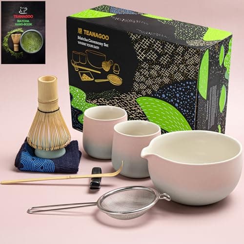 TEANAGOO Matcha Set Matcha Whisky Matcha Bowl with Versing Spout Scoop Matcha Whisk Holder Tea Making Kit. 1 Japanese Tea Set (7 Pieces) + 2 Cups (7.2 oz), S11, Gradient Pink, Color Box Packing - Image 1