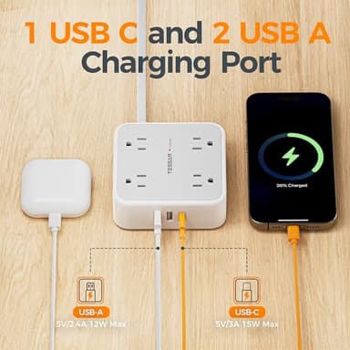 TESSAN Surge Protector Power Strip, 5 Ft Flat Plug Extension Cord with 3 USB (1 USB C) 8 Outlets, 900J Surge Protection, 3 Sided Outlet Extender with Power Switch for Office, Dorm Room Essentials - Image 4