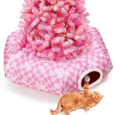Pink Cat Tunnel Bed Peekaboo Cat Cave Donut Under Christmas Tree Pink Checker with Snowflakes Festive Decor Perfect for Small Medium Large Cats, Kittens, Rabbit, Ferret - Image 6