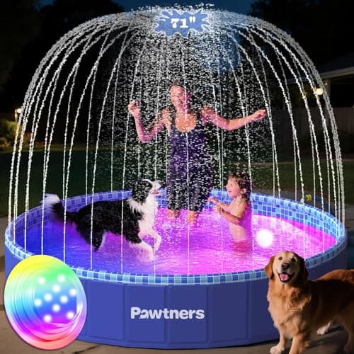 Foldable Dog Pool with Sprinkler RGB LED Light, 71" Collapsible Hard Plastic Kiddie Swimming Splash Pool for Small Medium Large Doggie Kitty Puppy, Pet Bathing Tub Wading Pool for Dogs Blue - Image 1