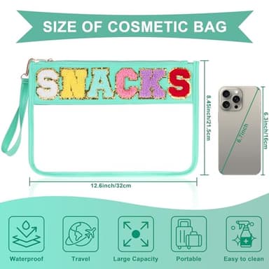 Snack Bag for Travel - Clear Chenille Varsity Letter Flat Pouch with Zipper, Waterproof Clear PVC&PU Preppy Patch Makeup Cosmetic tote Bags for Women (Green-Snacks) - Image 2