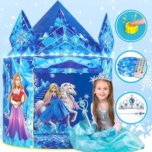 W&O Frozen Princess Tent for Girls with Magical Sound Button, LED Lights, Crown & Wand – Indoor & Outdoor Frozen Tent for Girls Ages 3-7 - Image 1