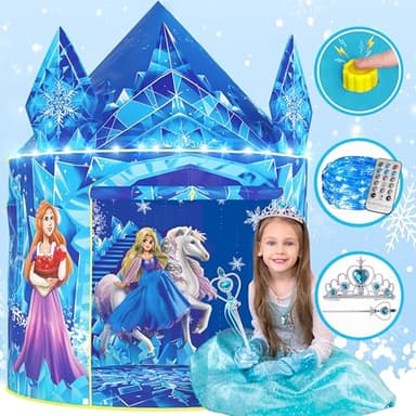 W&O Frozen Princess Tent for Girls with Magical Sound Button, LED Lights, Crown & Wand – Indoor & Outdoor Frozen Tent for Girls Ages 3-7 - Image 1