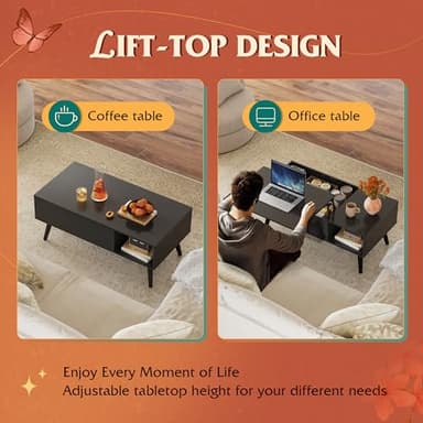 WLIVE Coffee Table for Living Room, Lift Top Coffee Table with Storage, Small Rising Wooden Dining Center Table with Storage Shelf & Hidden Compartment, 39" Black - Image 6