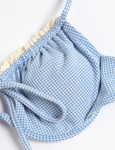 ZAFUL Women High Cut Bikini Sets Lace Thong Swimsuit Two Piece String Sexy Underwire Bathing Suit Cheeky Cut Out Cute Swimwear Gingham Blue S - Image 5