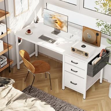 Casaottima 40" Small Computer Home Office Desk for Bedroom with Fabric Drawers & File Cabinet, Cloth Storage Bag and Hook, Writing Study Work Table for Small Space, White - Image 8