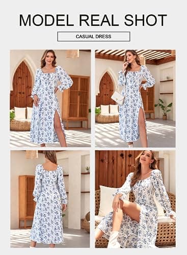 BLENCOT Womens Casual Square Neck Long Sleeve Boho Floral Midi Dress Print Side Split Dresses White XL - Image 3
