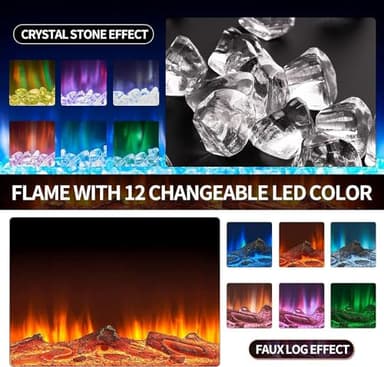 oneinmil Electric Fireplace, 50 inch Wide Recessed/Wall Mounted Electric Fireplace, Remote Control with Timer 12 Adjustable Color Flame, Remote Control,with Crystal Stone, 750/1500W - Image 5