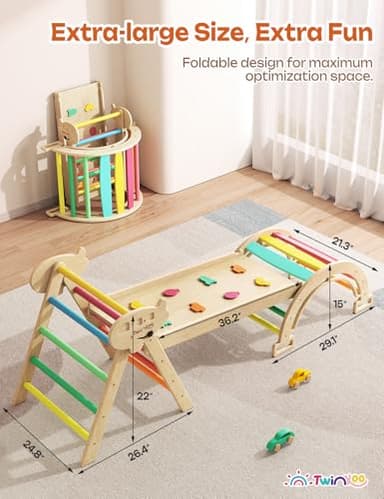 Twinkoo 7 in 1 Pikler Triangle Set, Foldable Toddler Baby Climbing Toys, Solid Wooden Montessori Climbing Set, Baby Climber Indoor Playground Jungle Gym for Toddlers Montessori Toys - Image 7
