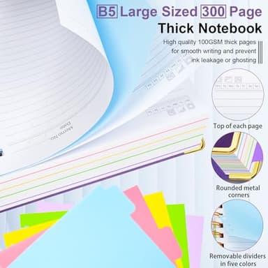 Hardcover Spiral Notebook 8"x10" Journal Notebook with Tabs and Removable Dividers 300 Pages 5 Subject Notebook College Ruled, Faux Leather Spiral Bound Notebook for Women School Work (Purple) - Image 4