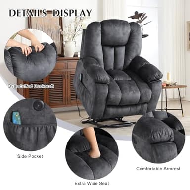 CANMOV Large Power Lift Recliner Chair with Massage, Heat, and USB for Elderly, Overstuffed Wide Recliners, Heavy Duty and Safety Motion Reclining Mechanism, Gray - Image 6