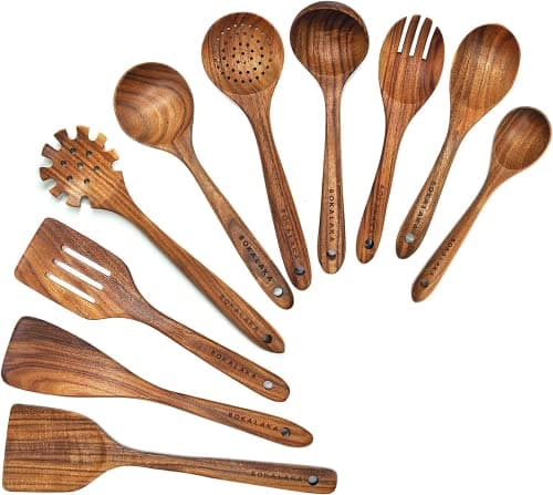 Wooden Spoons for Cooking,10 Pcs Natural Teak Wooden Kitchen Utensils Set Wooden Utensils for Cooking Wooden Cooking Utensils Wooden Spatulas for Cooking (10) - Image 1