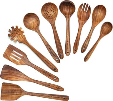 Wooden Spoons for Cooking,10 Pcs Natural Teak Wooden Kitchen Utensils Set Wooden Utensils for Cooking Wooden Cooking Utensils Wooden Spatulas for Cooking (10) - Image 1