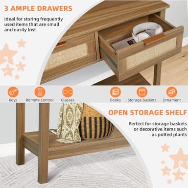 LAZZO Rattan Console Table Boho Entryway Table Narrow Long Sofa Table Hallway Foyer Table Behind Couch Table with 3 Drawers and Open Storage Shelf for Living Room and Corridor Brown - Image 4