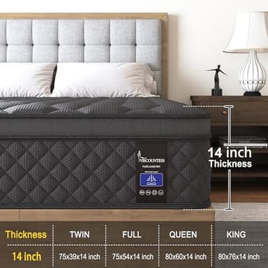 VISCOUNTESS King Hybrid Mattress, 14 Inch Medium Mattress Euro Top for Back & Lumbar Support, 100 Night Trial, Individual Pocket Spring Bed for Motion Isolation & Pressure Relief - Image 8