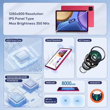 Android Tablets, 11 inch Octa-Core Processor Tablet with 2 Years Protection, 128GB Storage,12GB RAM, 6ft Charging Cable, 8000mAh Battery, Reinforced Type-C Port, Quad-Speaker (Pink) - Image 2