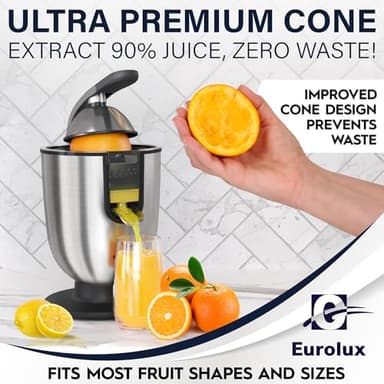 Eurolux Premium Electric Orange Juicer | Stainless Steel Citrus Squeezer With New Ultra-Powerful Motor and Soft Grip Handle for Effortless Juicing, Auto Shutoff, Dishwasher-safe Parts, Pulp Control - Image 5