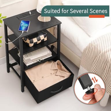 Yoobure Side Table with Storage, LED Night Stand with Charging Station, End Tables Living Room, Nightstand for Bedroom with Adjustable Fabric Drawer, 3-Tier Wood Bedside Table, Black - Image 7