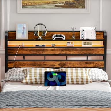 Furnulem Headboard for Queen Size Bed with Storage, LED Light Head Boards with Outlets & USB Ports, Height Adjustable Headboards for Dorm Bedroom, Sturdy Stable Cabeceras de Cama Rustic Brown - Image 2