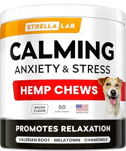 STRELLALAB Advanced Calming Chews for Dogs - Hemp Treats + Melatonin - Sleep Aid - Relaxing Treats - Stress Relief During Fireworks, Thunder - Made in USA - Bacon - 60Ct - Image 1