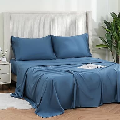 DOWNCOOL Queen Sheet Set - 100% Cotton Sheets Queen Size Set, 400 Thread Count Sateen, 16" Deep Pocket Queen Sheets, Silky Soft & Breathable Bed Sheets, 4-Piece Hotel Luxury Cotton Sheet Set, Blue - Image 8