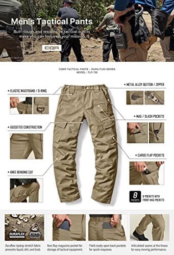 CQR Men's Flex Ripstop Tactical Pants, Water Resistant Stretch Cargo Pants, Lightweight EDC Hiking Work Pants, Dura Flex Khaki, 38W x 32L - Image 4