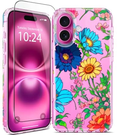 Coolwee for iPhone 16 Case for Women, with Screen Protector, Cute for Girls, 10ft Military Grade Protective Cover Slim Soft TPU Bumper for iPhone 16 Phone Case Clear Sunflower Floral - Image 1