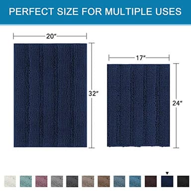 H.VERSAILTEX Navy Blue Bathroom Rugs 2 Piece, Bath Mat Set Slip-Resistant Extra Absorbent Soft and Fluffy Striped Chenille Bath Rugs, Floor Mats Dry Fast Machine Washable (20" x 32"/17" x 24") - Image 2
