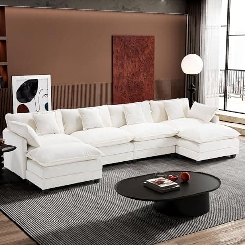 Ihanherry 146" U-Shaped Modern Sofa Modular Sectional Cloud Couch with 2 Ottoman, 6-Seat Chenille Deep Seat Sofa with 6 Pillows for Living Room, Bedroom and Apartment, Beige - Image 1