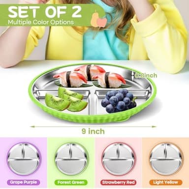 Stainless Steel Kids Plates with Suction, 2Pack 9" Divided Toddler Plates Removable Non Slip Silicone Sleeves Baby Feeding Led Weaning Supplies, BPA Free, Unbreakable Dishwasher Safe - Image 3