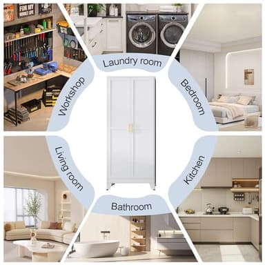 RISTERN White Metal Storage Cabinet,75" Steel Cabinets for Home Office, Kitchen Pantry Storage Cabinet with Doors and 5 Adjustable Shelves, Tool Cabinets, for Office, Home, Garage, School - Image 7