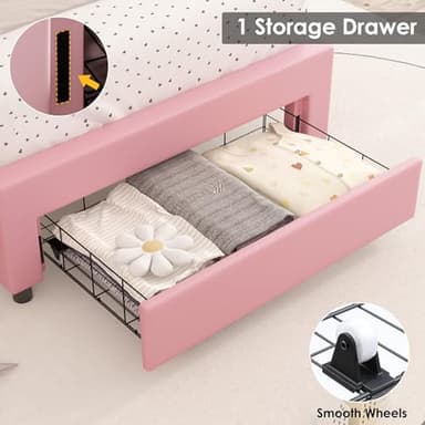 Keyluv Twin Upholstered LED Bed Frame with Storage Drawer, Leather Princess Platform Bed with Adjustable Crystal Button Tufted Crown Headboard, Solid Wooden Slats Support, No Box Spring Needed, Pink - Image 4