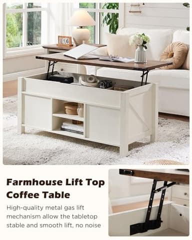OKD 48" Farmhouse Lift Top Coffee Table with Sliding Barn Door,Rustic Center Table with Hidden Storage Compartment,Lifting Tabletop and Adjustable Shelf for Living Room,Office,Antique White - Image 2