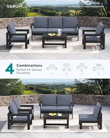 SERWALL HDPE Patio Conversation Set, 6-Piece Sectional Outdoor Furniture Set, All Weather Outdoor Couch Set Patio Furniture Set for Deck, Lawn, Black Frame with Grey Cushion - Image 8