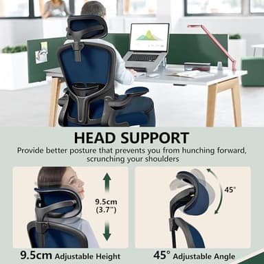 FelixKing Ergonomic Office Desk Chair with Headrest, Wheels, Adjustable Lumbar Support and Height, Swivel Comfy Task Chair with Flip-up Armrests, Ergo Mesh Backrest for Working (Navy) - Image 6