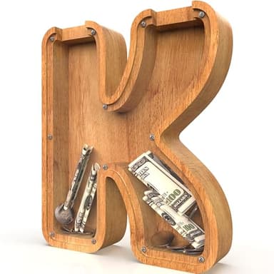 Piggy Bank for Kids Boys Girls, Large Personalized Wooden Letter Piggy Bank with Cut-Out Design, Alphabet Letter Coin Banks, Money Savings Box, Wooden Bank for Kids Creative Gift for Real-Money(K) - Image 1