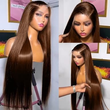 AMIRTY 250% Density Chocolate Brown Lace Front Wigs Human Hair for Women 13X4 HD Transparent Lace Front Wigs Brazilian Virgin Straight Wig Human Hair Pre Plucked 28Inch - Image 5