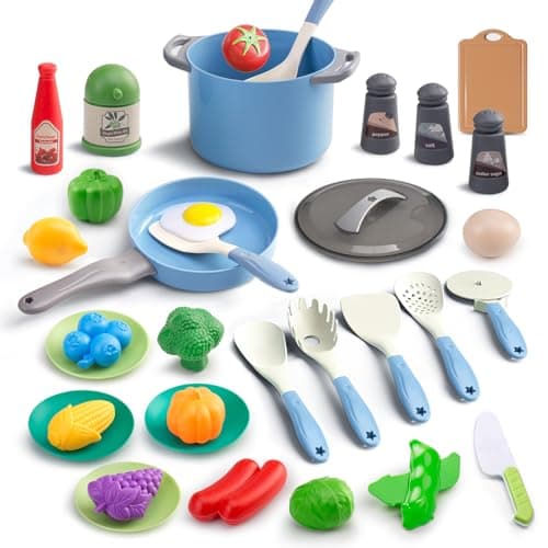 35Pcs Kids Kitchen Toy Accessories, Toddler Pretend Cooking Playset with Play Pots, Pans, Utensils, Cookware, Play Food Set, Toy Vegetables, Learning Gift for Girls & Boys (Blue) - Image 1