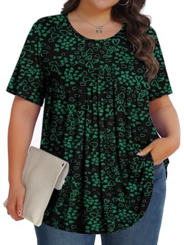 Womens Plus Size Tops Tunic Short Sleeve Crew Neck Shirts Casual Soft Blouse Green Heart 3X - Image 1