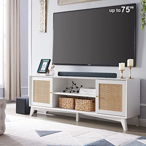 OKD TV Stand for 75+ Inch TV, Mid Century Modern Entertainment Center with Natural Rattan Door, Storage Shelves, Long Boho Media TV Console, Long Television Stand for Living Room, White - Image 1