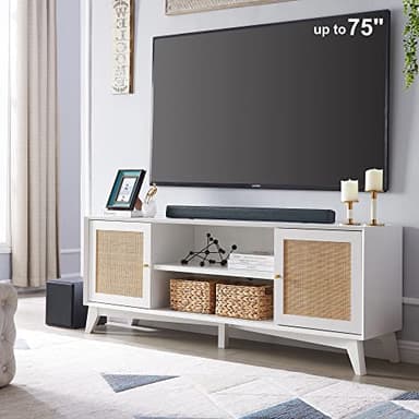 OKD TV Stand for 75+ Inch TV, Mid Century Modern Entertainment Center with Natural Rattan Door, Storage Shelves, Long Boho Media TV Console, Long Television Stand for Living Room, White - Image 1