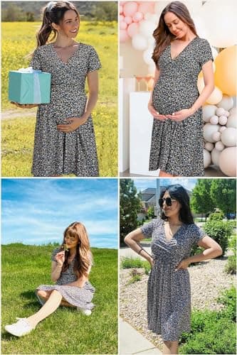 OUGES Women's 2025 Summer Short Sleeve V Neck Floral Midi Dress with Pockets Maternity Nursing Wrap Dresses Clothes(Floral C,L) - Image 7
