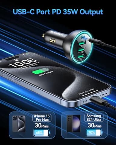 Rocoren 55W 4-Port Car Charger, PD3.0 QC3.0 Super Fast Charging USB C Car Charger for Multiple Devices, Cigarette Lighter Adapter for iPhone 17/16/15/14 Series, iPad Pro, Samsung S25/S24 Ultra, Pixel - Image 2