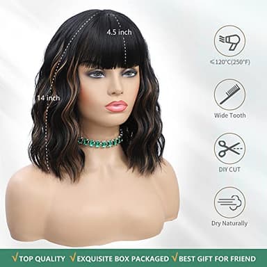 Black Mixed Brown Highlights Wigs for Black Women Short Wavy Curly Wig With Bangs Natural Looking Synthetic Hair Wigs Heat Resistant Fiber Wig for Daily Party - Image 4