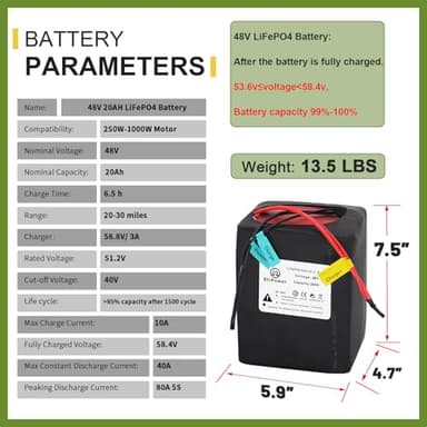 BtrPower 48V 20AH LiFePO4 Ebike Battery with 3A Fast Charger,40A BMS for Electric,Scooter,Bicycles,Motorcycle Battery 250W - 1000W Motor - Image 3
