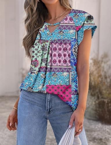 Womens Short Sleeve Shirt Double Ruffle Sleeve Tunic Top Blue Block XL - Image 5