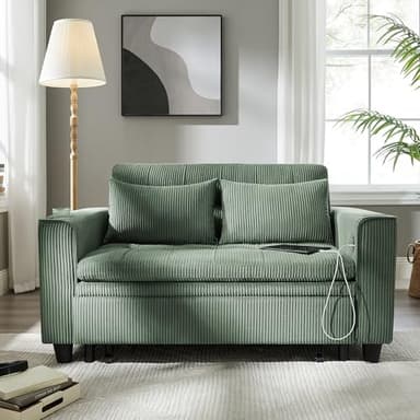 OKD 3 in 1 Convertible Sleeper Sofa Bed, Corduroy Pull Out Futon Couch with Charging Station & Cup Holder, Folding Loveseat Sofa Bed with Side Pocket for Living Room, Green - Image 6