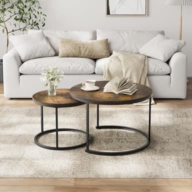 Smuxee Rustic Nesting Coffee Table Set of 2, 27.6" Round Coffee Table Wooden Marble Pattern with Adjustable Non-Slip Feet, Industrial End Table for Living Room Bedroom Balcony - Image 3