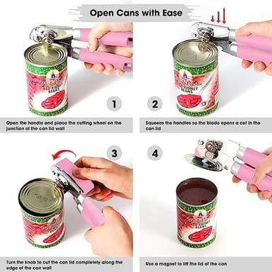 Beneno Heavy Duty Hand Can Opener Manual with Magnet, Durable Sharp Carbon Steel Blade Smooth Cutting, Big Effort-Saving Knob & Soft Grip Handle, Multifunctional Kitchen Tool with Bottle Opener, Pink - Image 6